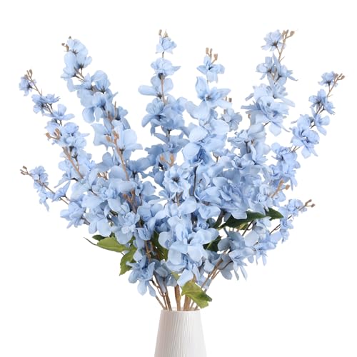 6PCS Blue Delphinium Artificial Flower Lifelike Silk Larkspur Flowers Plant 35.43" Long Stem Blossoms Fake Flowers for Tall Vase Floral Arrangements Home Table Wedding Decor (Blue)