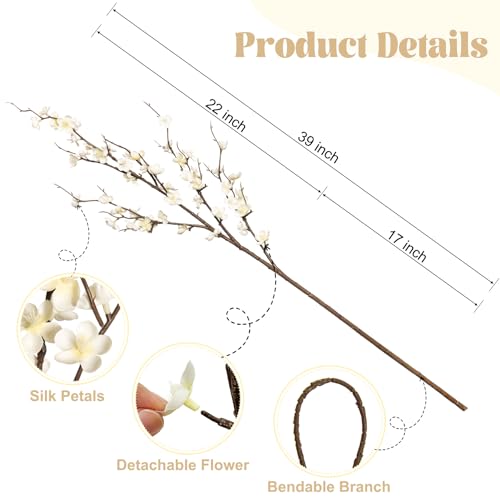 4Pcs Cherry Blossom Branches Artificial Flowers for Spring Summer Indoor Decoration (White)