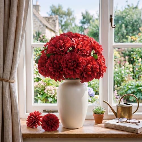 100pcs Red Artificial Dahlia Flowers with Stems (Red)