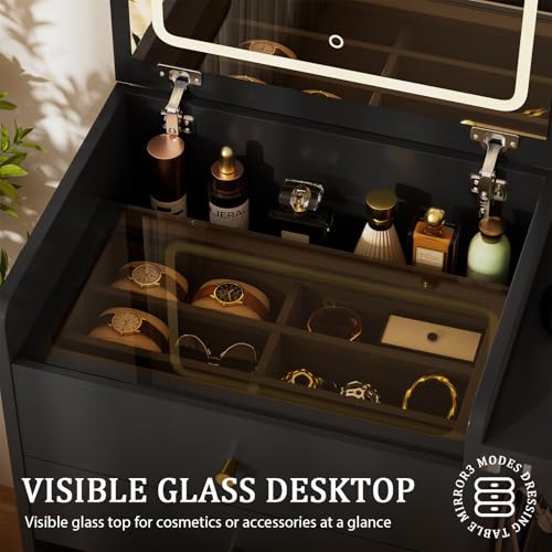 Makeup Vanity Desk with Mirror and Lights (Ink Black)