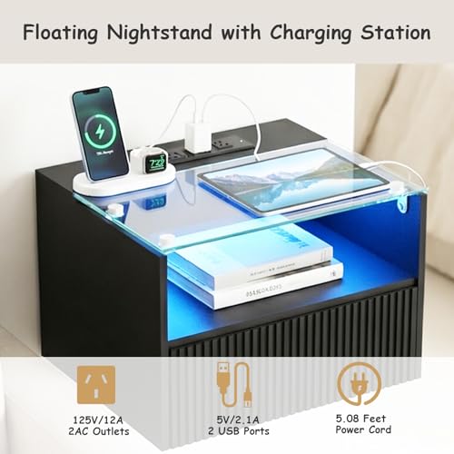 Floating Nightstand Set of 2 with Charging Station and Drawer (Black)