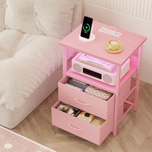 Night Stand with Charging Station (15.7"D x 11.8"W x 23.6"H (2 drawers) / Power+Light (1pc) / Pink)