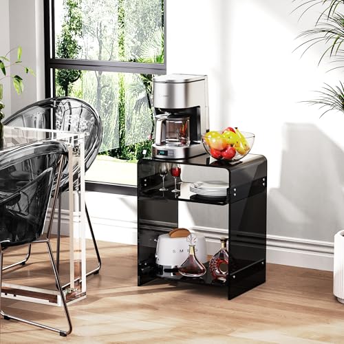 Acrylic End Table Record Player Table with Storage Shelf Clear Side Table Nightstand (Black)