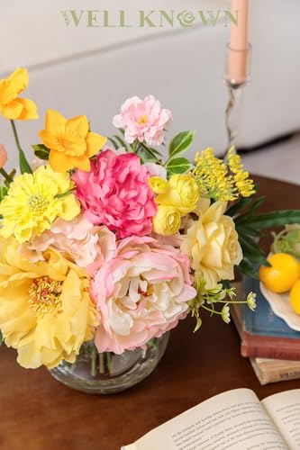 Artificial Flowers Centerpieces in Glass Vase with Fake Water (Yellow & Hot Pink Plus)