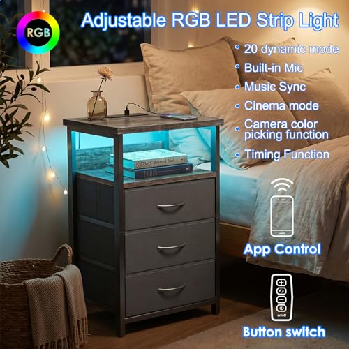 Night Stand with 3 Fabric Drawers (15.7"D x 11.8"W x 26.9"H (3 drawers) / Power+Light (1pc) / Charcoal Gray)