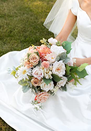 Artificial Flowers Rose 32pcs Silk Mix Peony Daisy Hydrangea Fake Flowers for DIY Wedding Bouquets Combo Centerpieces Arrangements Party Bridal Baby Shower Home Decorations (Champagne Powder)