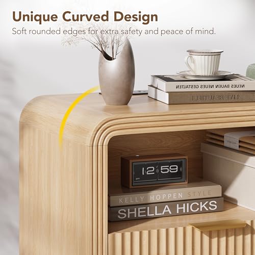 23'' Wide Fluted Nightstand Set of 2 with Charging Station (Oak / 1 Drawer & Open Shelf)