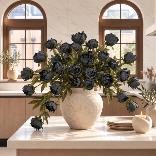 12 PCS 18" Faux Peonies Artificial Flowers Silk Flowers for Vase (Charcoal Black / 12P)