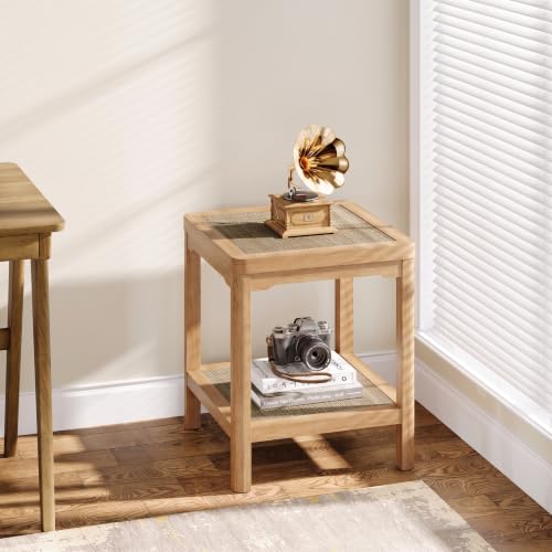 Square Rattan End Table Side Table Set of 2 with Round Edge Design (Natural Oak, Square)