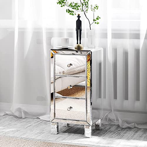 3 Drawer Mirrored Nightstand Set of 2 (2 Packs / Assembly: Knobs Only / Actual Glass Mirror Finish)