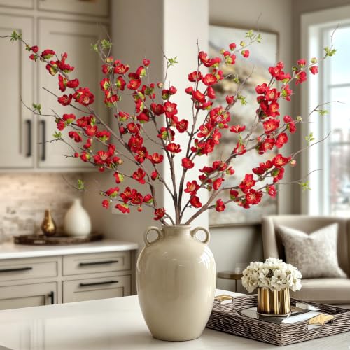 Artificial Cherry Blossom Branches Fake Plum Blossom 35.4''Fake Flowers Cherry Blossoms Faux Flowers Long Stem Artificial Flowers for Tall Vase for Indoor Home Decoration (Red)
