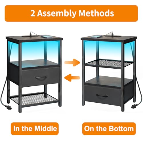 Night Stand with Charging Station (15.7"D x 11.8"W x 23.5"H (1 drawer) / Power+Light (1pc) / Black)
