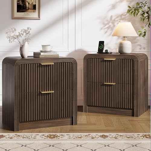 23'' Wide Fluted Nightstand Set of 2 with Charging Station (Walnut / 2 Drawers)