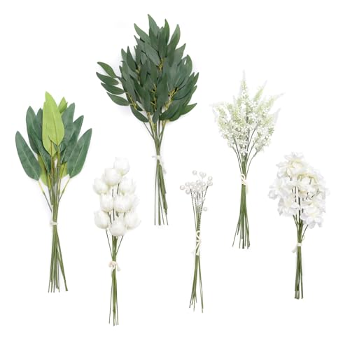 Artificial Faux Greenery Stems 86pcs Dark Green Fake Greenery (Grn-green & White)
