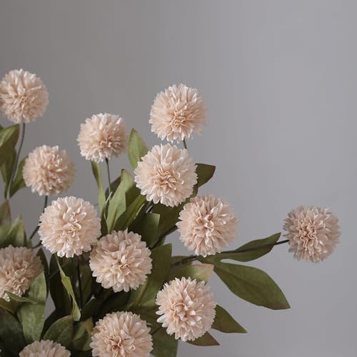 6 Pcs 27" Artificial Pompon Mum Silk Flower Stems for Vase (Beige)