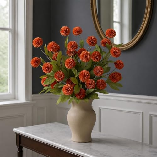 6 Pcs 27" Artificial Fall Pompon Mum Flower Stems for Vase (Orange)