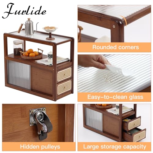 Rattan Nightstand Side Table with Storage (Walnut)
