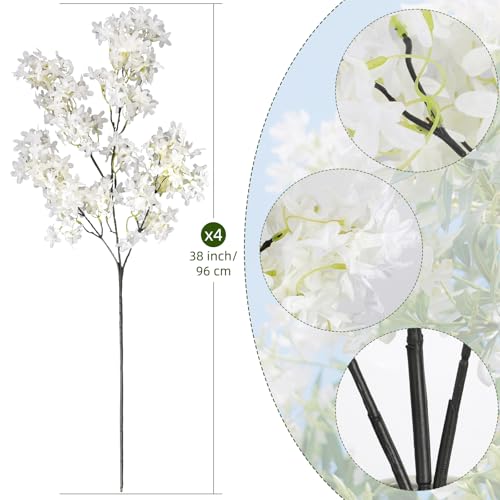 4PCS 38inch Lilac Artificial Flowers White Fake Delphinium Long Stem Silk Real Touch Flower Faux Lilac Floral Arrangement for Tall Vase Table Centerpieces Wedding Garden Home Decoration (38inch White / 4 Pcs)