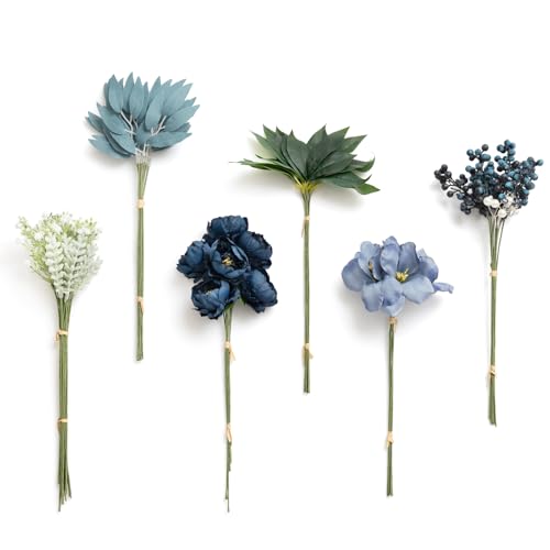 Navy Blue Fake Flowers Artificial Faux Greenery Stems 59pcs (Blu-dark Green & Navy)