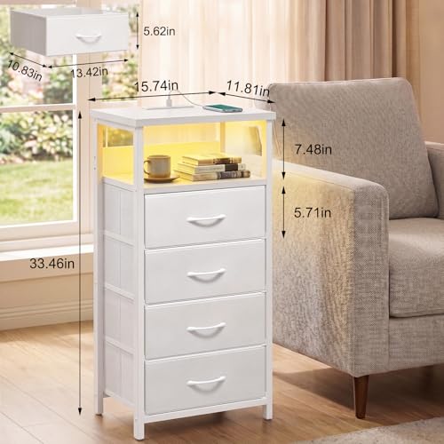 Night Stand with Charging Station (15.7"D x 11.8"W x 33.1"H (4 drawers) / Power+Light (1pc) / White)