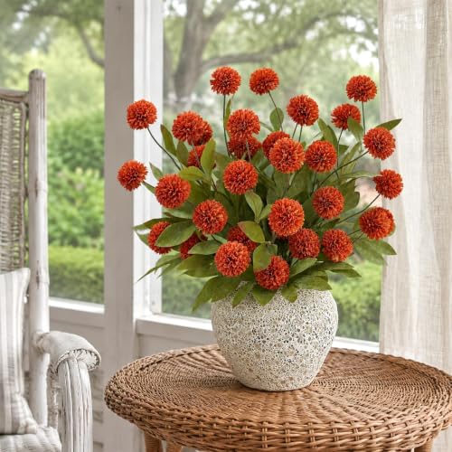 12 Pcs 27"Artificial Fall Pompon Mum Flower Stems for Vase (Orange)
