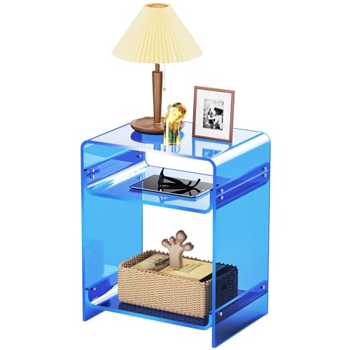 Acrylic End Table Record Player Table with Storage Shelf Clear Side Table Nightstand (Blue)