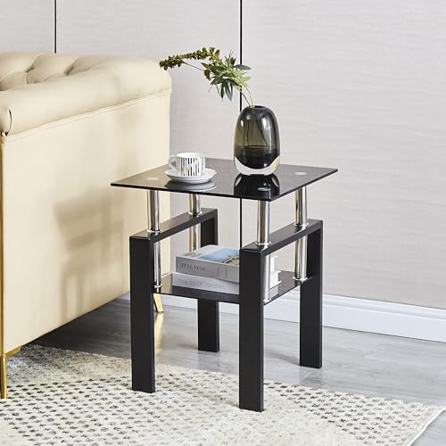 Set of 2 Black Glass End Tables (Black Top With Black Leg)