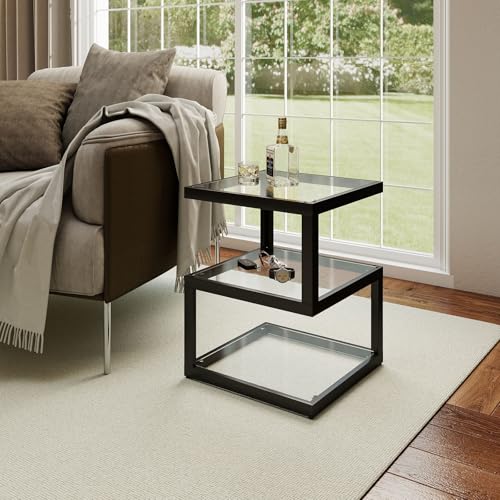 3 Tier Floating Side Table with Clear Tempered Glass and Metal Frame (Black)