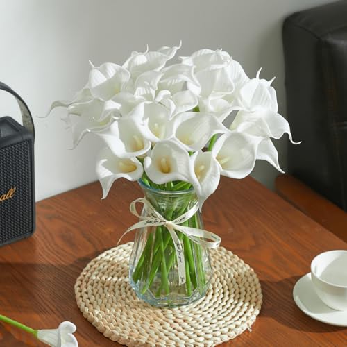 30 PCS Artificial Calla Lily Flowers Bouquet Faux Branches for Vase Fake Flower 14" Real Touch for DIY Mother's Day Wedding Party Decoration Pure White (White)