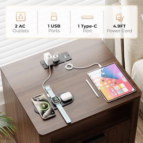 Fluted Nightstand Set of 2 with Charging Station (Walnut / 2 Drawers)