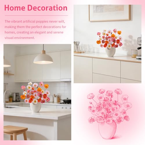 12PCS 36Heads Artificial Poppy Flowers with Stems (Orange+pink)