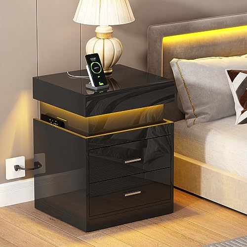 LED Nightstand with Charging Station and Sliding Storage (Black / 1 Pack)