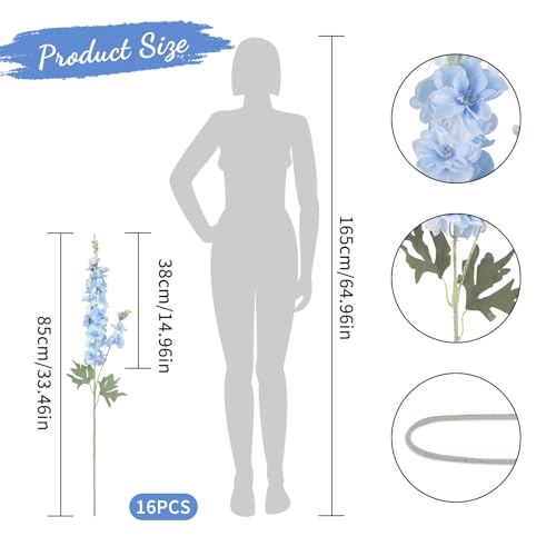 16Pcs Light Blue Delphinium Artificial Flower 33.5'' Long Stem Blue Flowers (Light Blue)