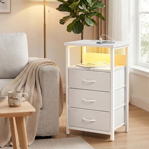 Night Stand with 3 Drawers (15.7"D x 11.8"W x 26.9"H (3 drawers) / Power+Light (1pc) / White)
