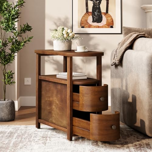 Solid Wood End Table with 2 Drawers & Open Shelf (Vintage Brown)