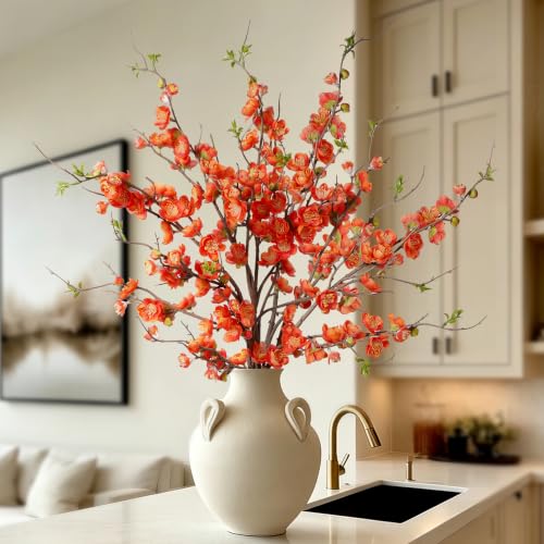 4PCS Cherry Blossom Branches Artificial Plum Blossom Fake Flowers Silk Flowers 35.4'' Artificial Flowers Long Stem Artificial Flowers for Tall Vase for Indoor Home Decoration (Orange)
