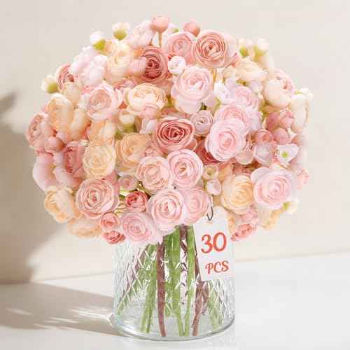 30Pcs Ranunculus Artificial Flowers Faux Silk Mini Flowers Indoor (Rose&cream&shabby Blush)