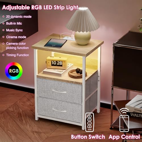 Night Stand with Charging Station (15.7"D x 11.8"W x 23.6"H (2 drawers) / Power+Light (1pc) / Natural Oak & Light Grey)