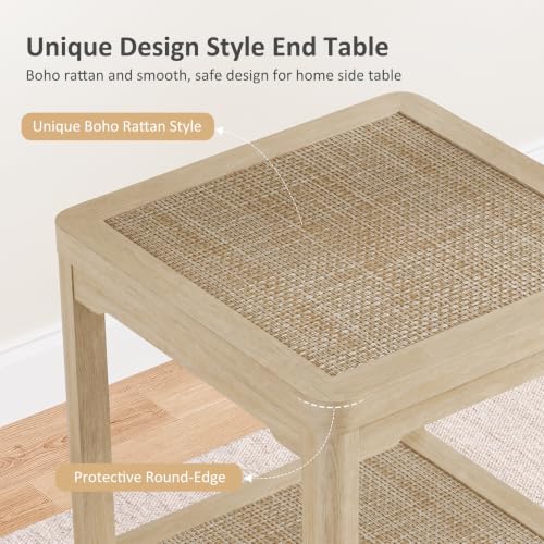 Square Rattan End Table Side Table with Round Edge Design (Light Oak, Square)