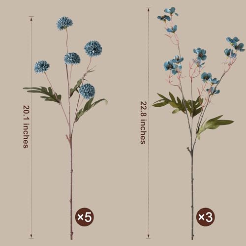 8 Pcs Fake Mums Kiku Flowers Artificial with Wild Flowers Bulk (8pcs-blue Wax&kiku)