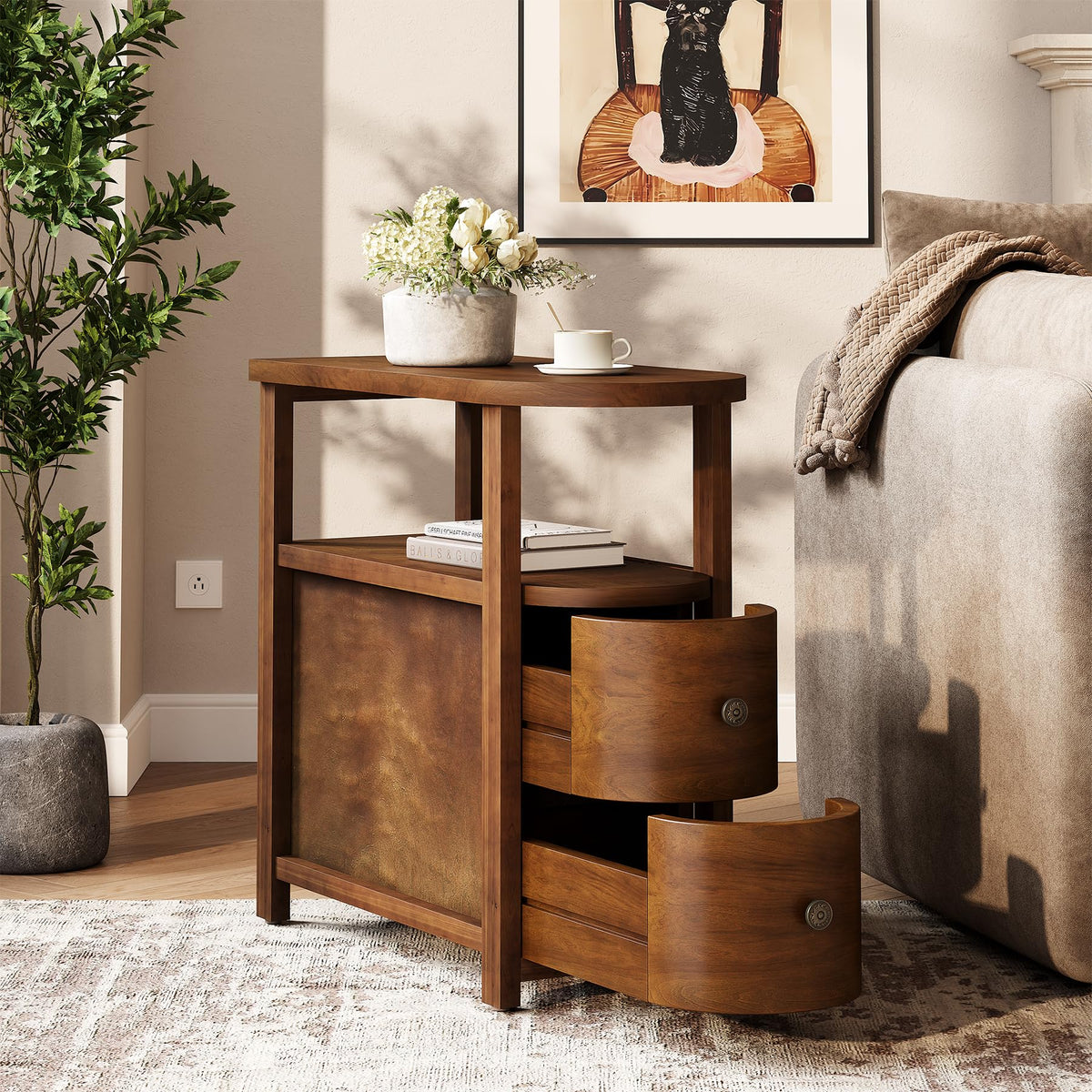 Solid Wood End Table Set 2 with 2 Drawers & Open Shelf (Vintage Brown)