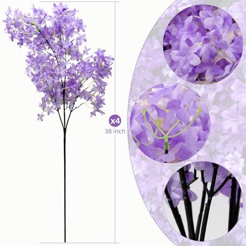 4PCS 38inch Lilac Artificial Flowers Purple Fake Delphinium Long Stem Silk Real Touch Flower Faux Lilac Floral Arrangement for Tall Vase Table Centerpieces Wedding Garden Home Decoration (38inch Purple / 4 Pcs)