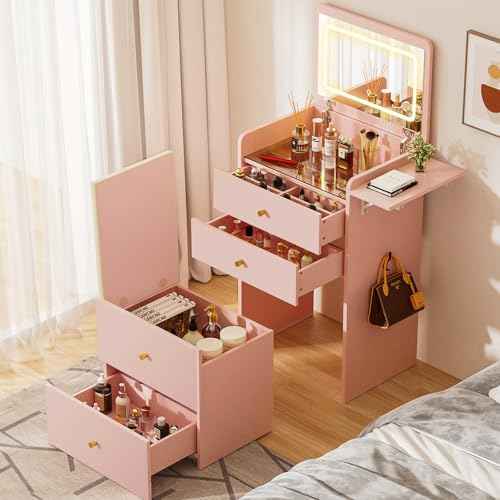Makeup Vanity Desk with Mirror and Lights (Pink)