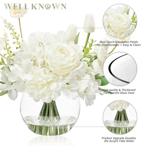 Artificial Flowers for Table Decoration Silk Hydrangea Flowers with Vase Fake Flower Arrangements in Round Bowl Vase with Faux Water for Summer Spring (Mix Hydrangea-white)