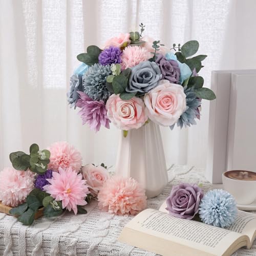 98pcs Artificial Flowers with Stems (Blue, Purple, Pink Color)