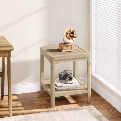 Square Rattan End Table Side Table with Round Edge Design (Light Oak, Square)