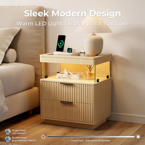 Fluted Nightstands Set of 2 with Charging Station