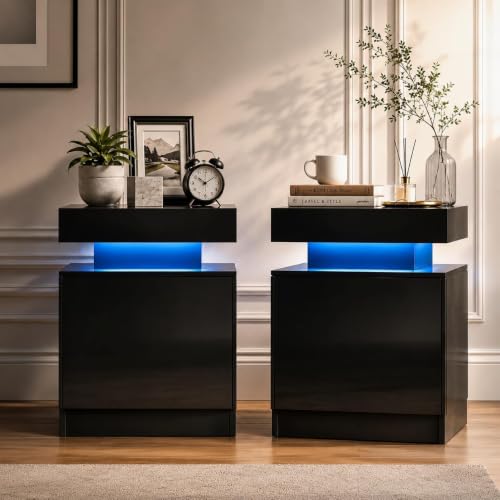 Nightstand Set of 2 with RGB LED Lights (Black / 17.7 inch-2P)