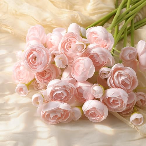 30Pcs Ranunculus Artificial Flowers Faux Silk Mini Flowers Indoor (Shabby Blush)