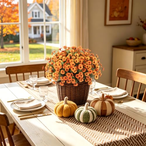 Artificial Fall Flowers Fake Mums Plants for Outdoors Decoration (Orange)